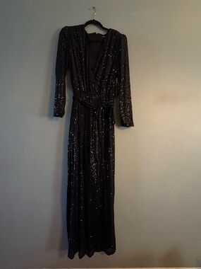 NWT BCBG Paris Black Sequin Wrap Long Sleeve Jumpsuit